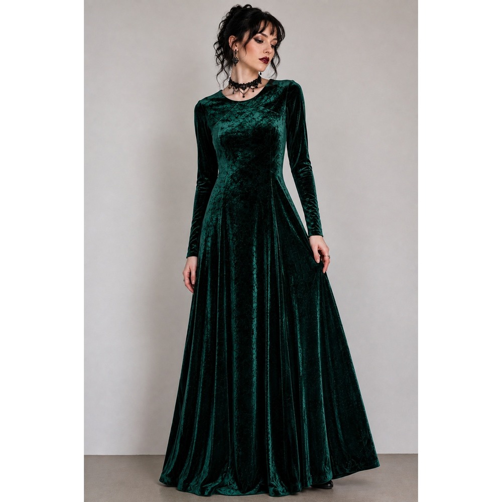 Dark Romantic Emerald Velour Maxi Gown US 6 Tahari Goth Whimsigoth
